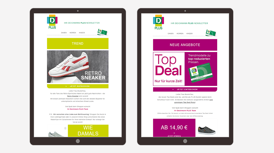 Zwei Tablet-Bildschirme, die Deichmann-Newsletter anzeigen. Links ein Retro-Sneaker-Angebot, rechts ein Top-Deal-Angebot für reduzierte Preise.