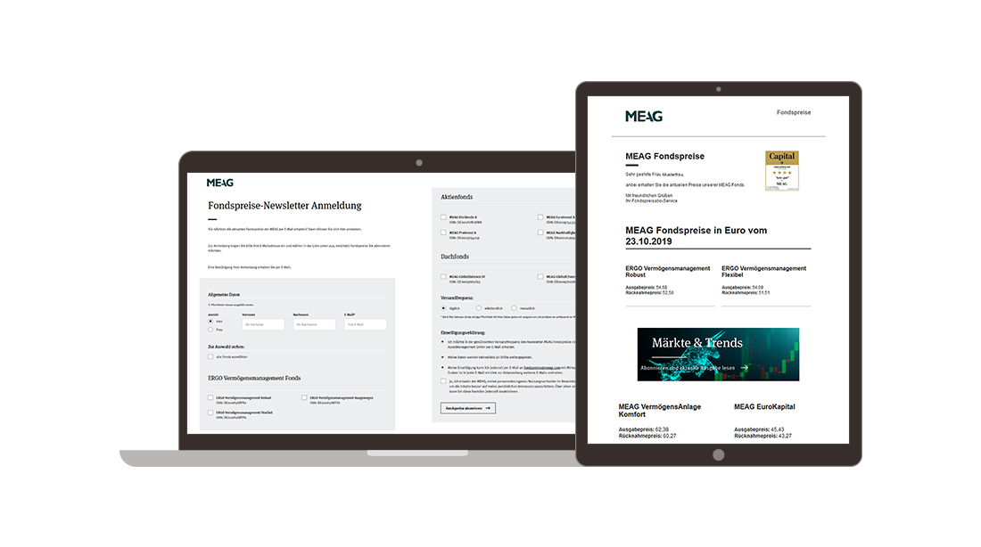 Darstellung einer MEAG-Webseite auf einem Laptop und einem Tablet. Auf dem Laptop-Bildschirm ist ein Anmeldeformular für den Fonds-Newsletter zu sehen, während auf dem Tablet die aktuellen Fondspreise in einer Newsletter-Darstellung angezeigt werden.