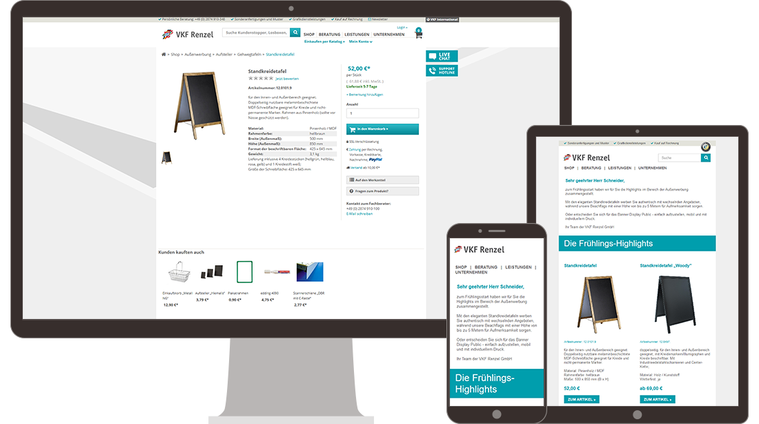 Screenshot der VKF Renzel-Website, die ein Produkt auf Desktop, Tablet und Smartphone anzeigt. Das Produkt ist eine Standkreidetafel, die für den Innen- und Außenbereich geeignet ist. Verschiedene Produktempfehlungen und Highlights werden ebenfalls angezeigt.