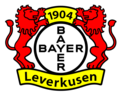 Bayer 04 Leverkusen Fußballclub-Logo, das zwei rote Löwen zeigt, die ein rundes Emblem mit dem Vereinsnamen und der Jahreszahl 1904 halten.