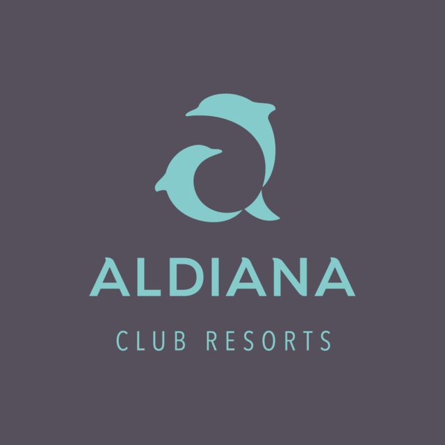 Aldiana Club Resorts Logo mit zwei stilisierten Delfinen, die einen Kreis bilden, und dem Schriftzug 'Aldiana Club Resorts' darunter.