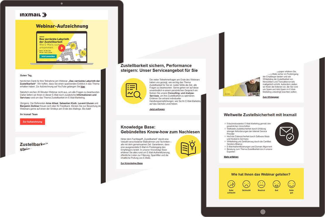 Tablets zeigen eine Webinar-Aufzeichnungs-E-Mail von Inxmail mit Links zur Aufzeichnung, Serviceangeboten und einer Feedback-Umfrage.