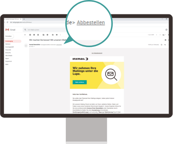 Monitor mit einer E-Mail, die eine Abbestellen-Option zeigt, im Kontext eines Inxmail-Mailings.