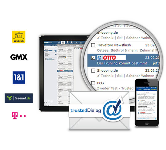 Illustration von TrustedDialog mit E-Mail-Anbietern wie GMX, WEB.DE und Telekom, die sichere E-Mail-Kommunikation hervorhebt.