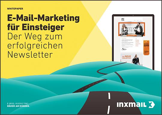 Cover eines Whitepapers von Inxmail mit dem Titel 'E-Mail-Marketing für Einsteiger - Der Weg zum erfolgreichen Newsletter.' Das Bild zeigt eine stilisierte Straße, die sich durch hügelige grüne Landschaften windet und zu einem Tablet führt, auf dem ein Beispiel eines Newsletters angezeigt wird. Das Inxmail-Logo befindet sich unten rechts im Bild.