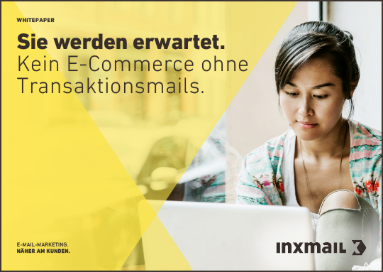 Cover eines Whitepapers von Inxmail mit dem Titel 'Sie werden erwartet. Kein E-Commerce ohne Transaktionsmails.' Das Bild zeigt eine junge Frau, die konzentriert auf einen Laptop schaut. Der Hintergrund ist leicht unscharf, und das Inxmail-Logo befindet sich unten rechts im Bild.